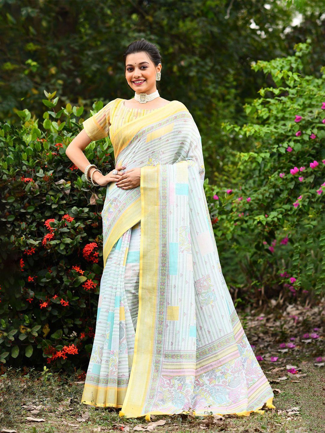 vishnu weaves floral printed zari pure linen jamdani saree