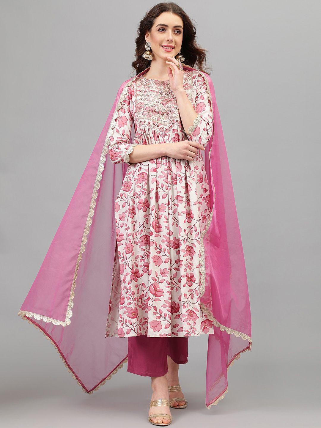 khushal k floral printed thread work kurta & trousers with dupatta