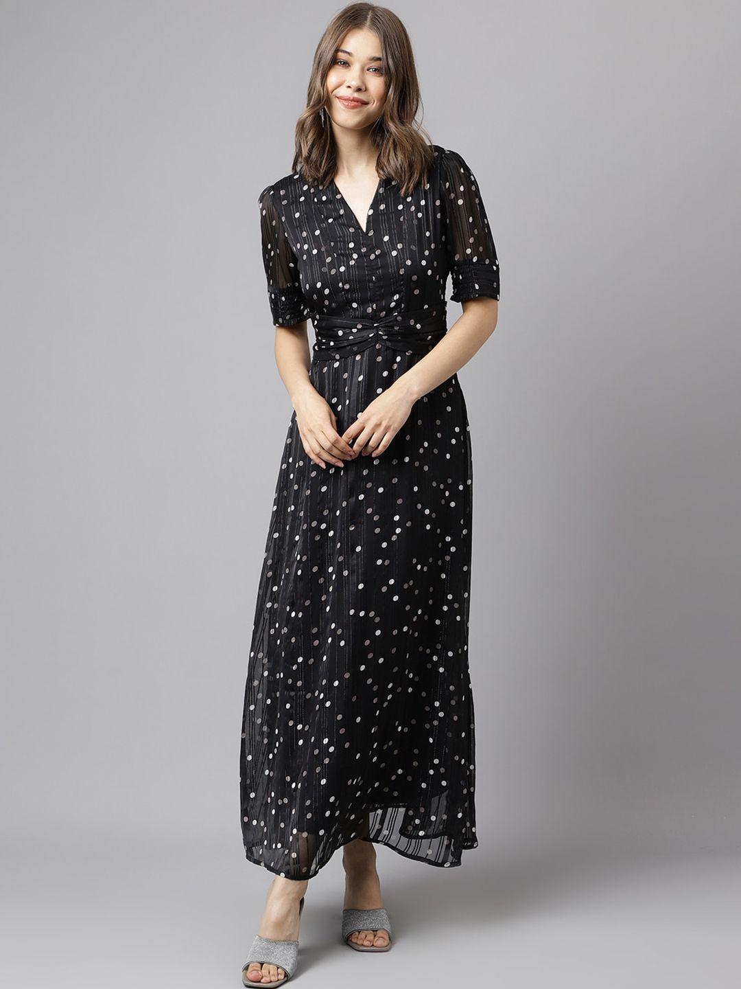 latin quarters polka dots printed v-neck puff sleeves a-line dress