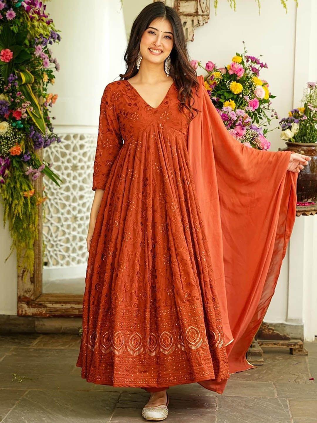 estela women orange floral embroidered regular thread work kurta with trousers & with dupatta