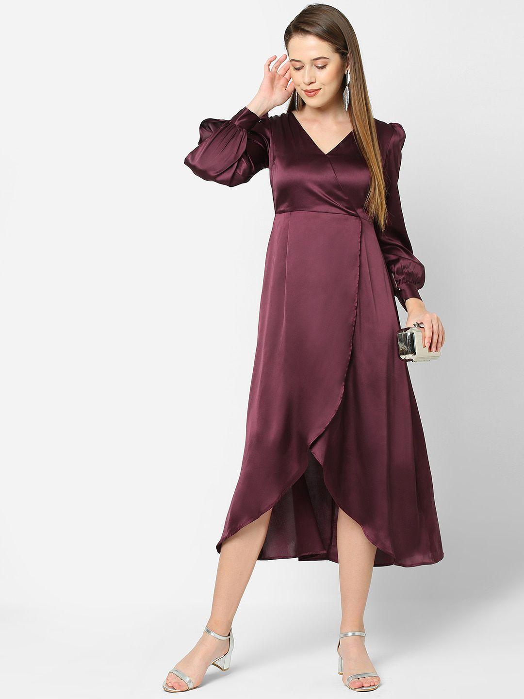 mish maroon v-neck puff sleeve a-line dress