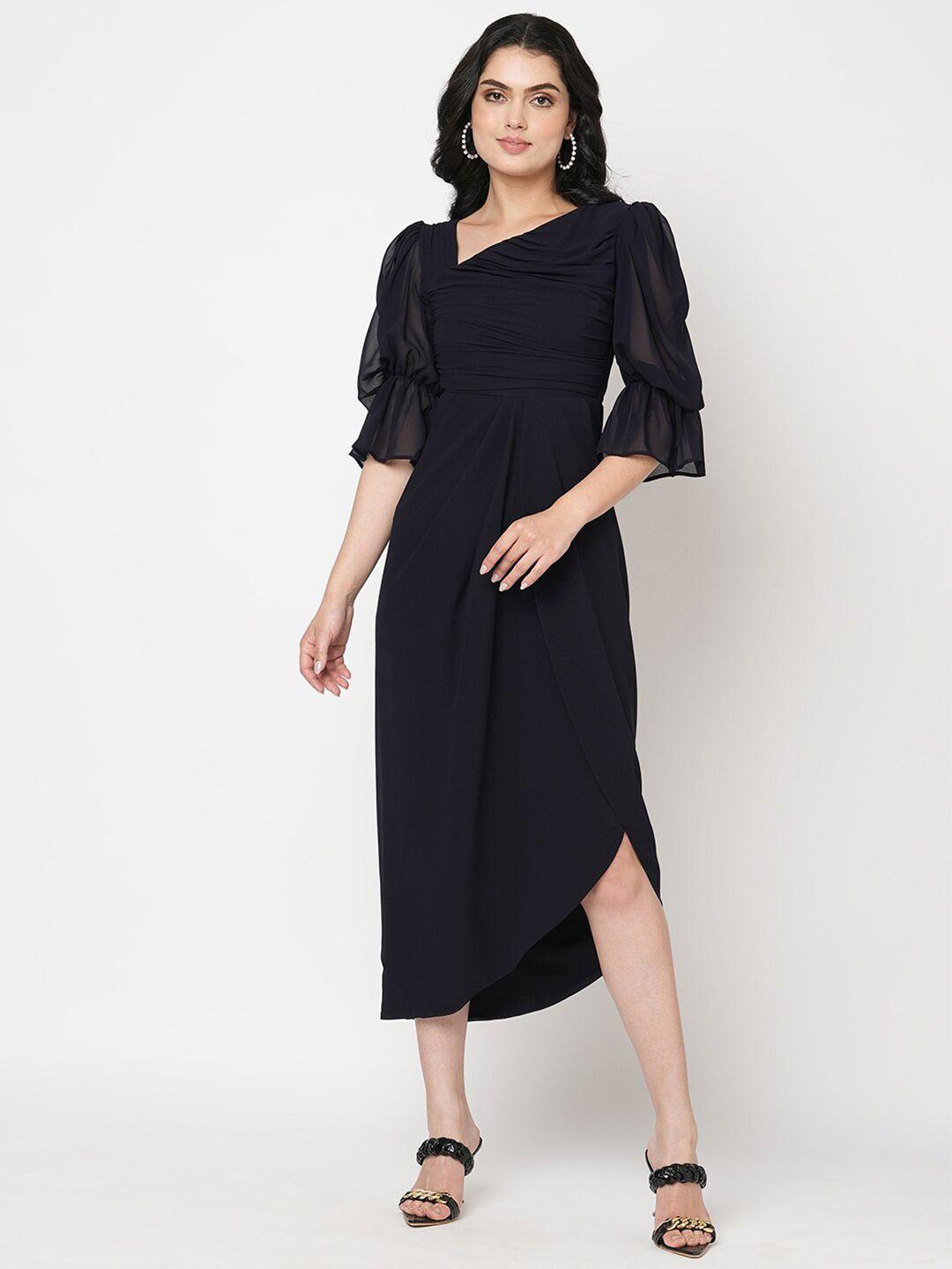 mish navy blue puff sleeve fit & flare midi dress