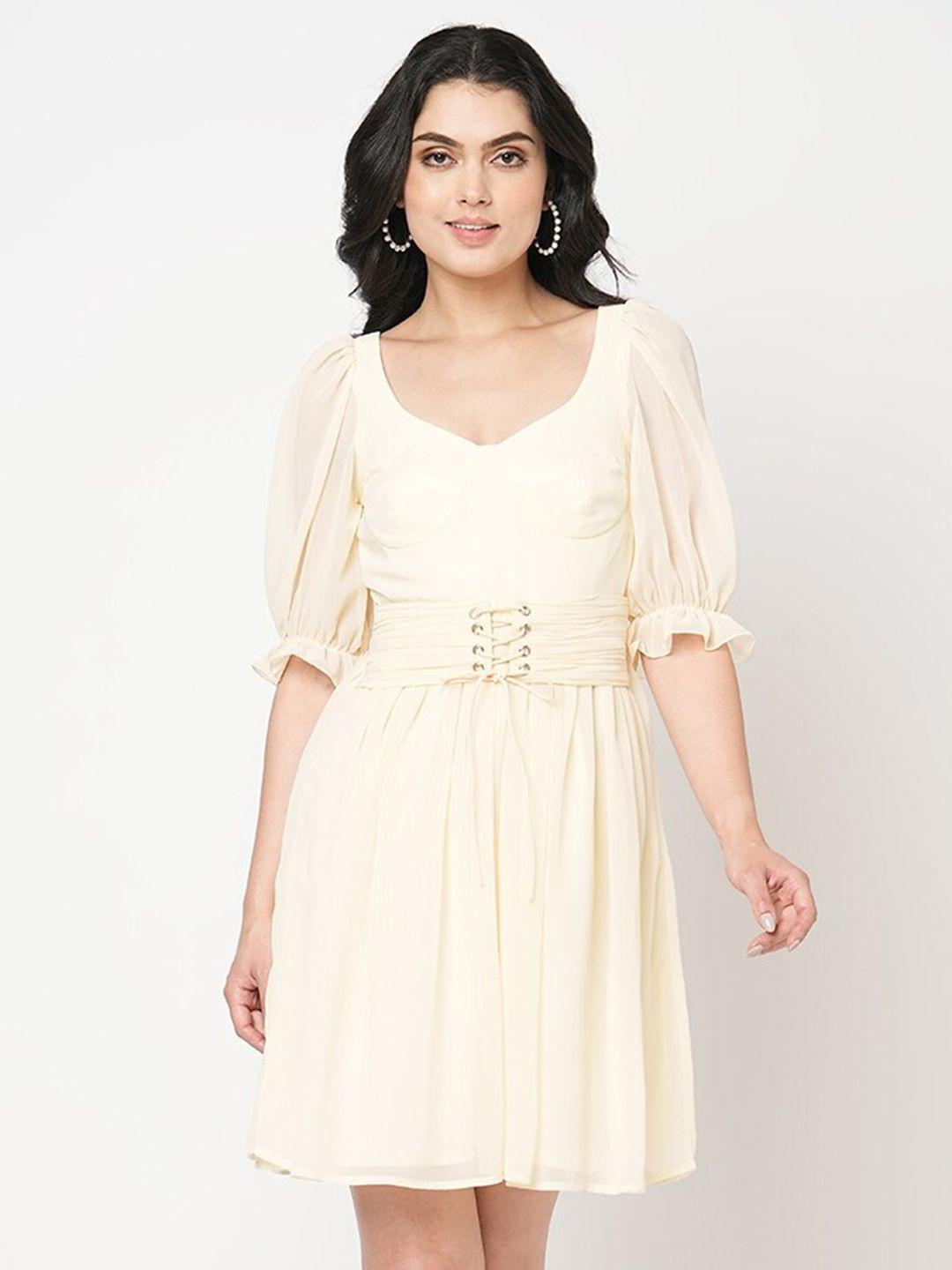 mish yellow puff sleeve fit & flare dress