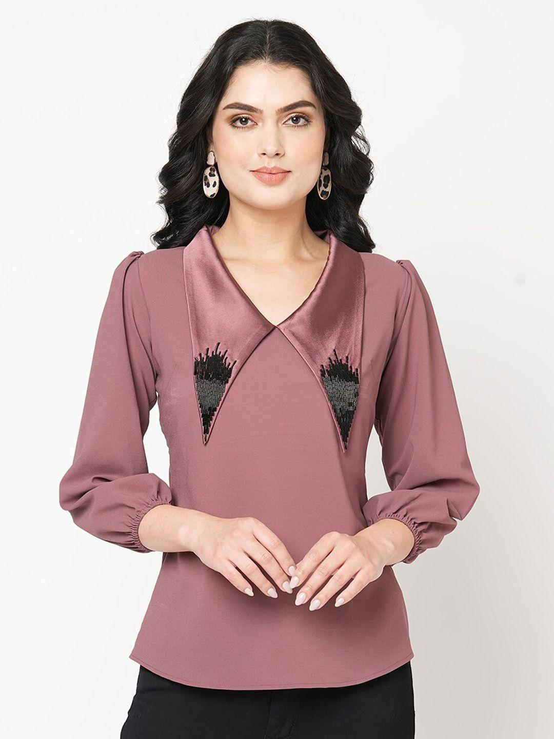 mish mauve v-neck puff sleeves embroidered detail regular top