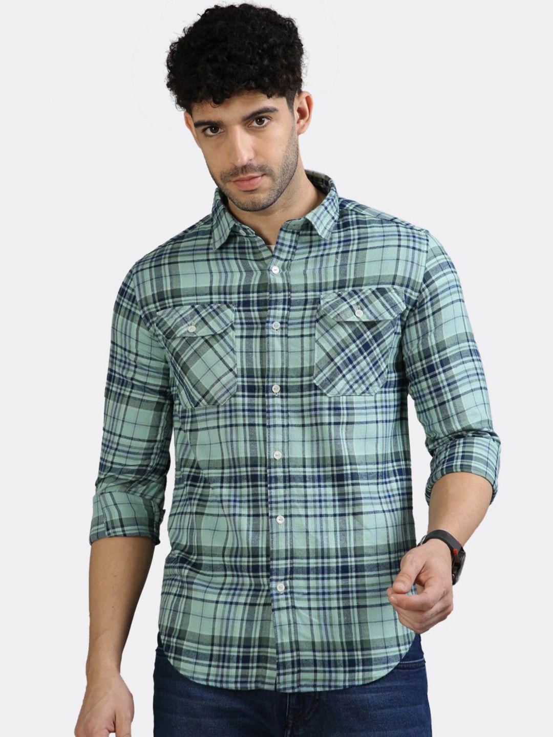 badmaash slim fit tartan checked pure cotton casual shirt