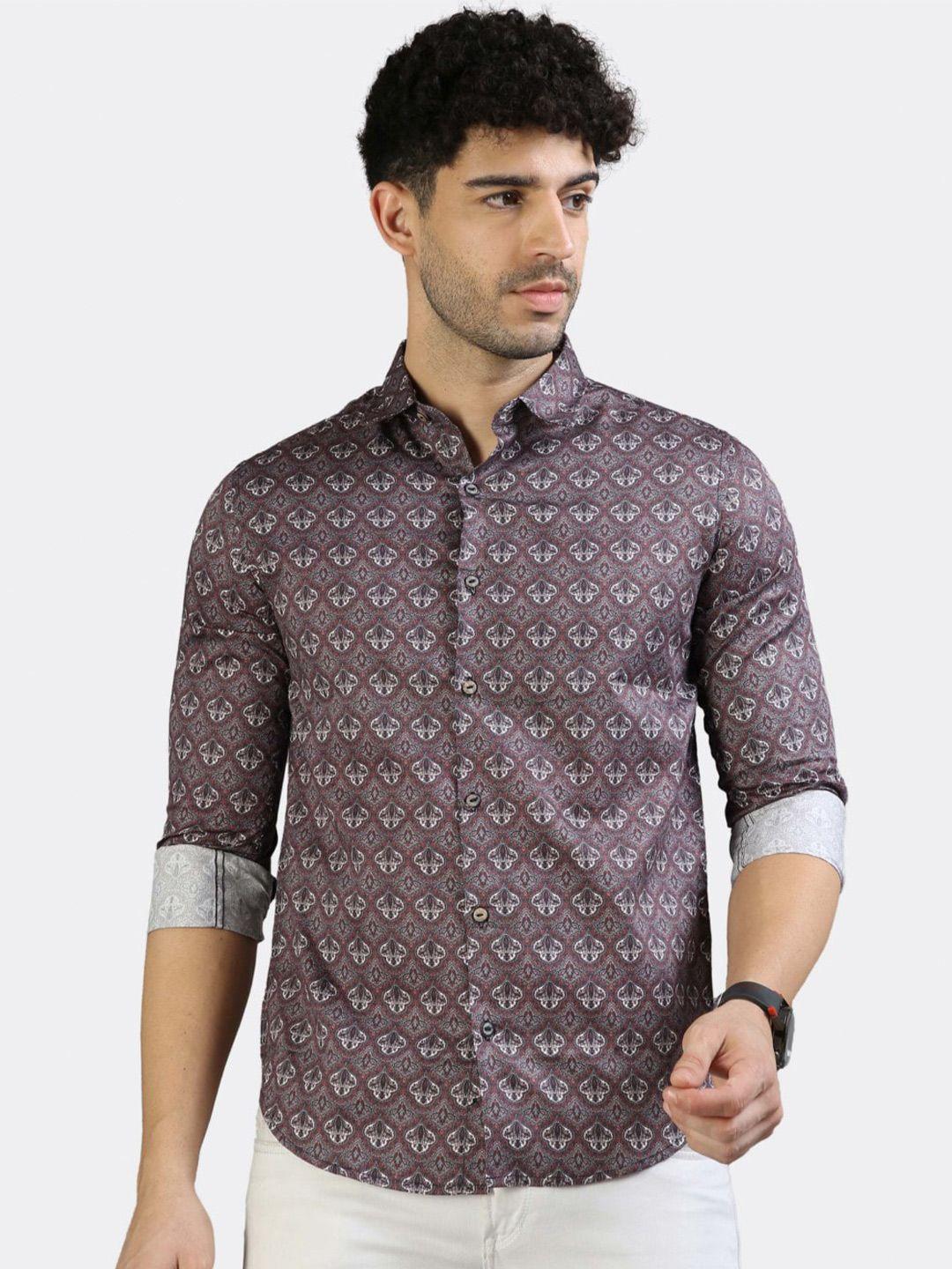 badmaash slim fit floral printed spread collar long sleeve cotton casual shirt