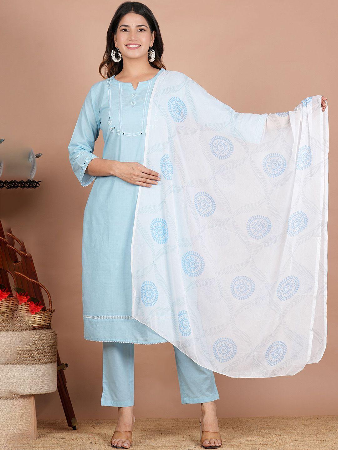 zoyoto floral yoke design mirror work pure cotton kurta with trousers & dupatta