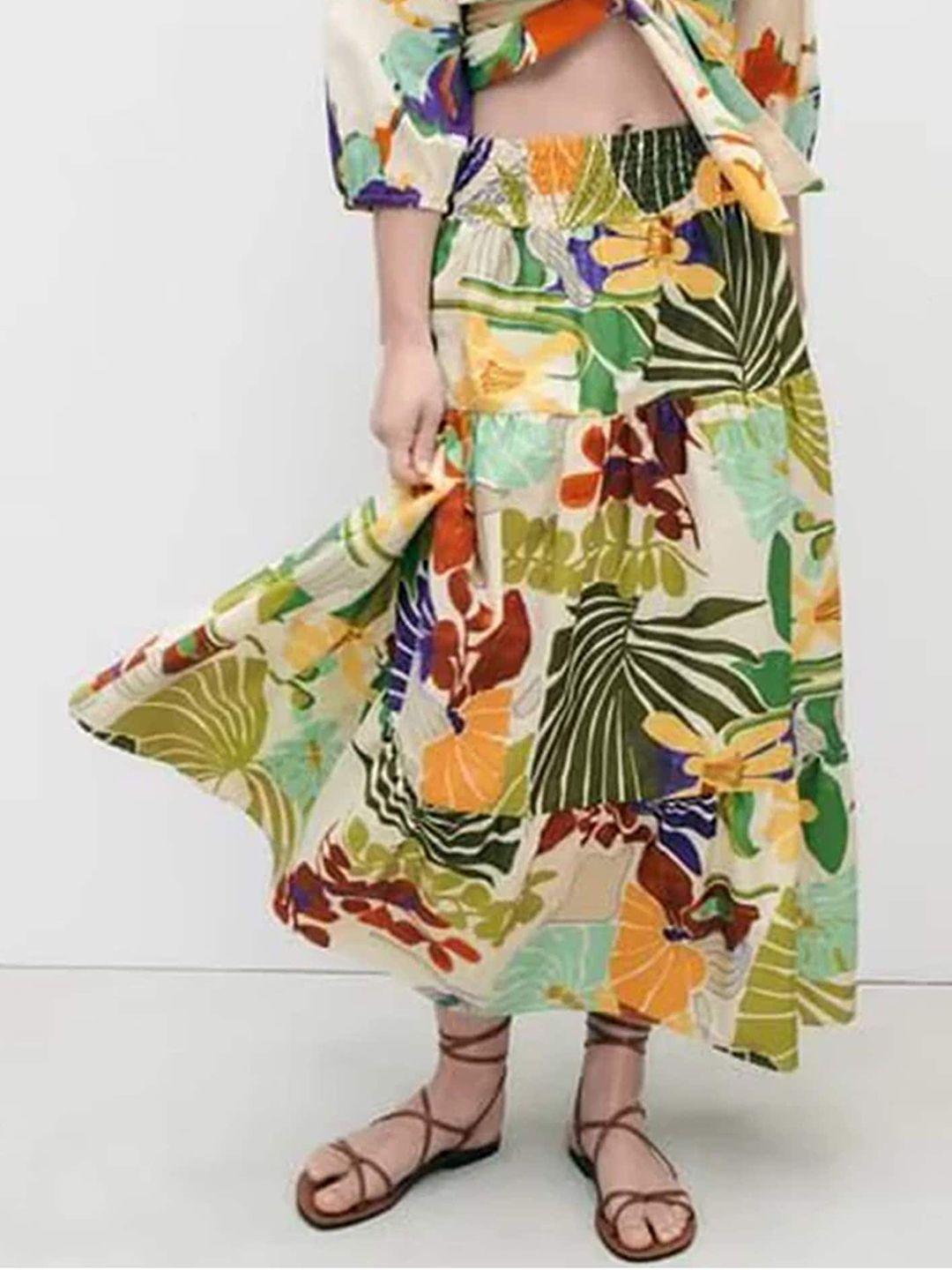 lulu & sky tropical printed tiered midi skirt