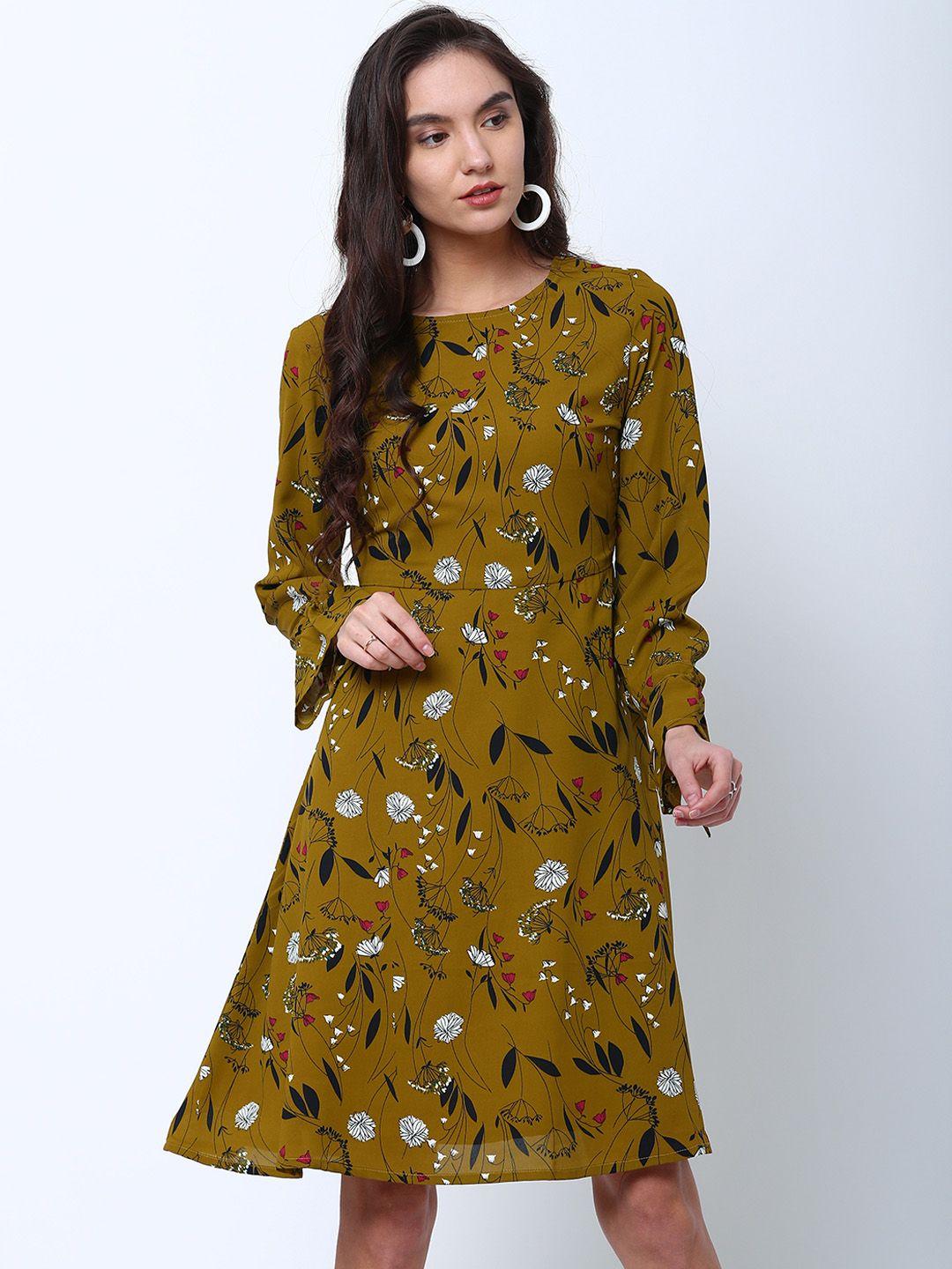 tokyo talkies women olive green printed a-line dress