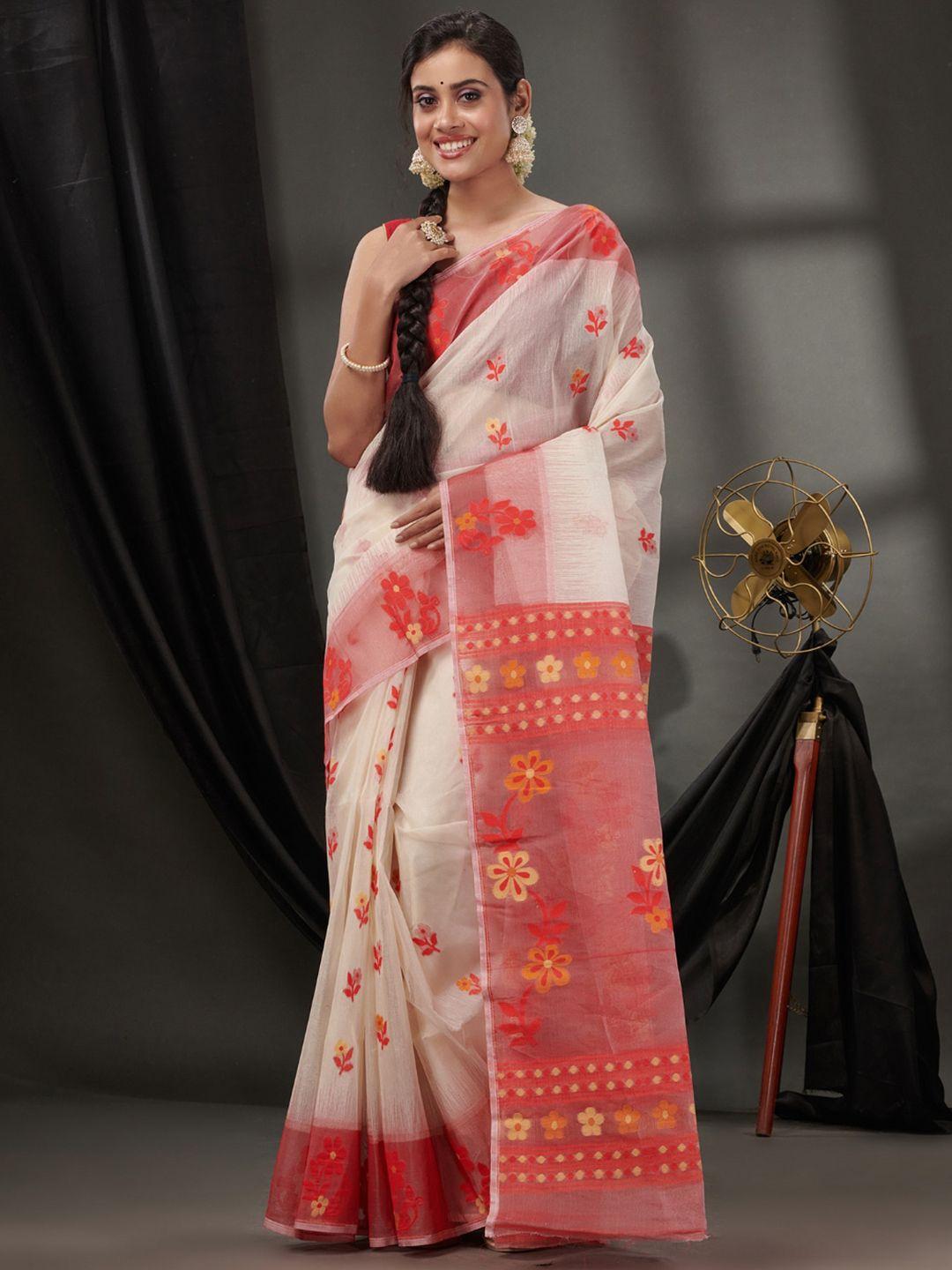 charukriti floral woven design pure cotton jamdani saree