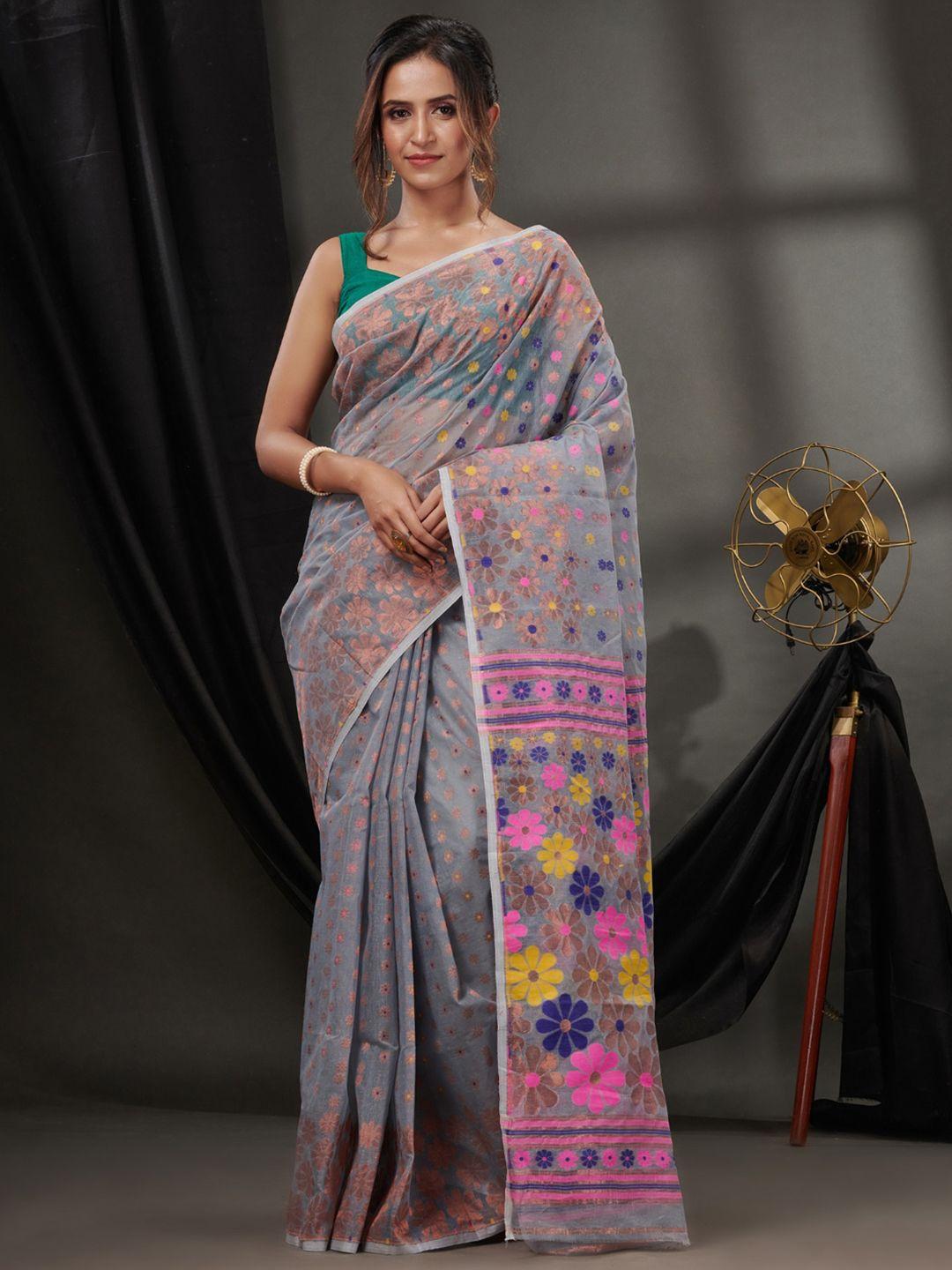 charukriti floral woven design pure cotton jamdani saree