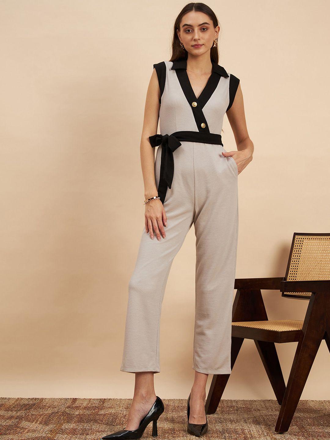 kassually grey & black shirt collar sleeveless waist tie-ups basic jumpsuit