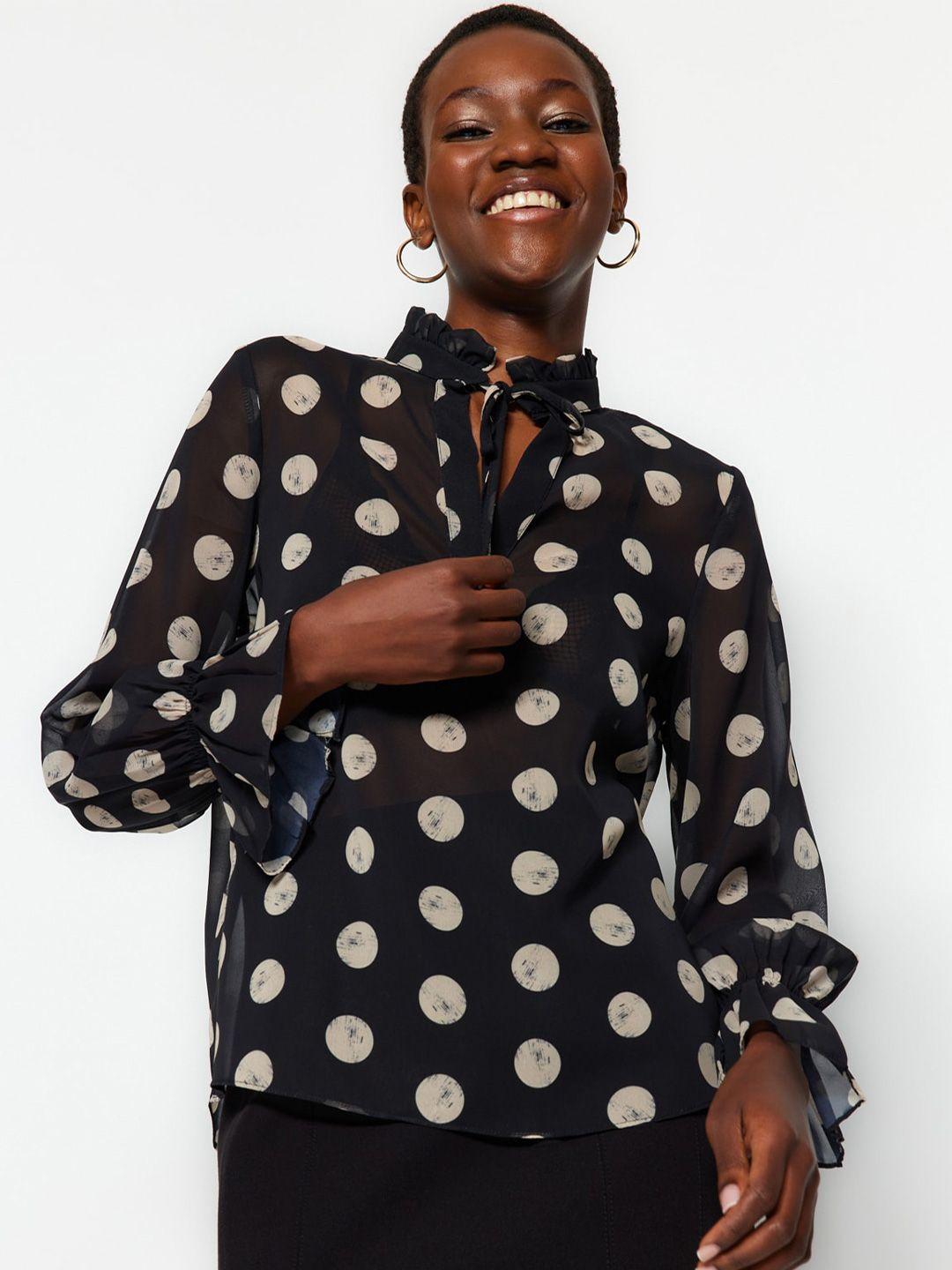 trendyol polka dot print tie-up neck top