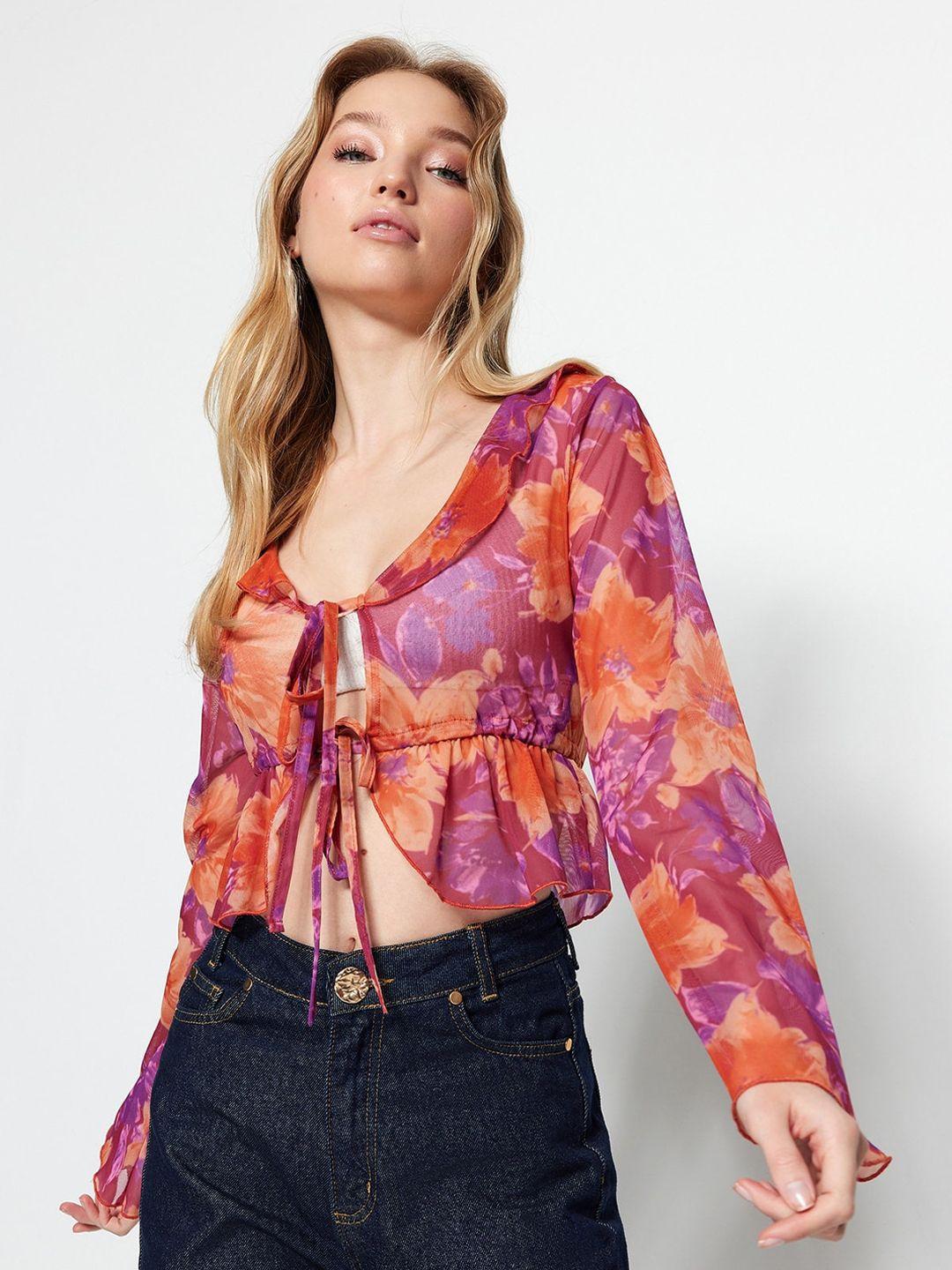 trendyol floral printed tie-up neck crop top