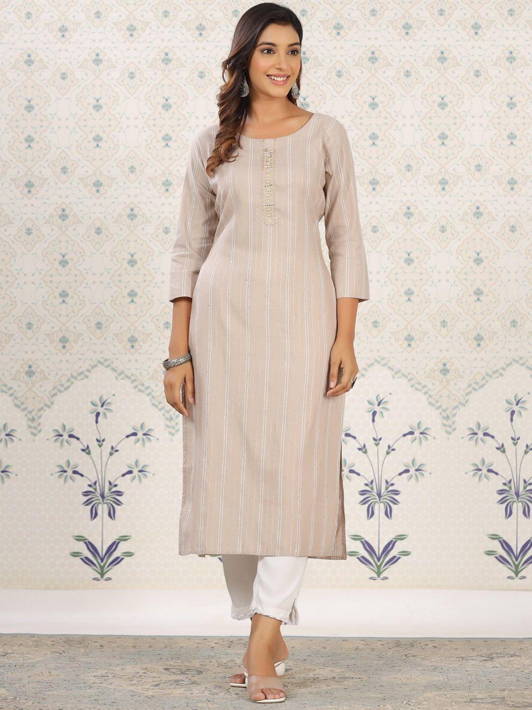 ode by house of pataudi striped round neck straight cotton kurta