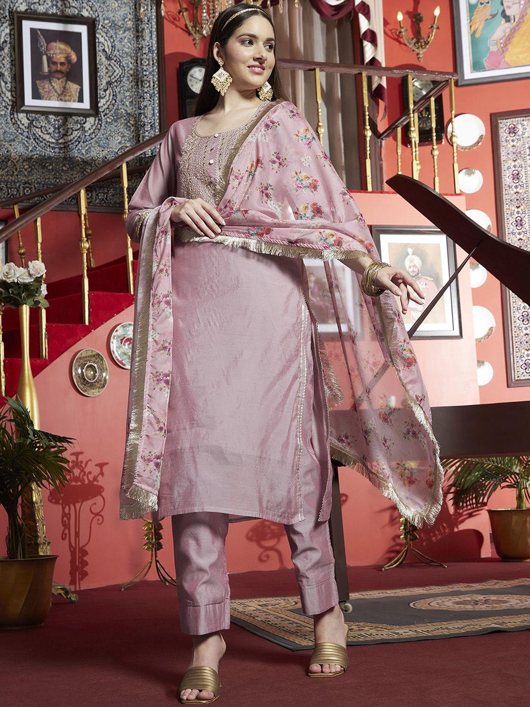 sangria ethnic motifs yoke design sequinned straight kurta & trouser with dupatta