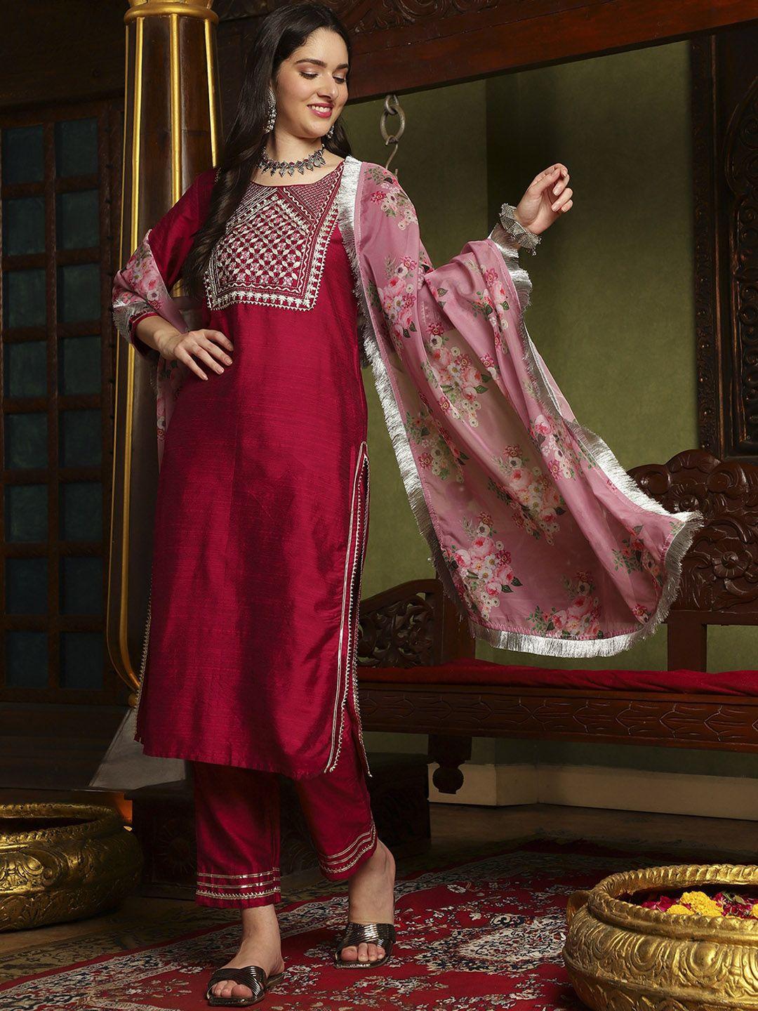 sangria embroidery straight kurta with trouser & dupatta set