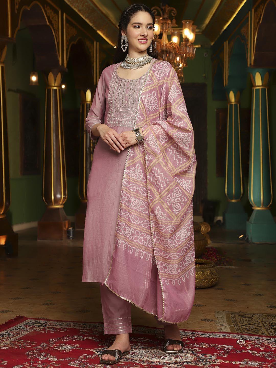 sangria embroidered straight kurta with trouser & dupatta set