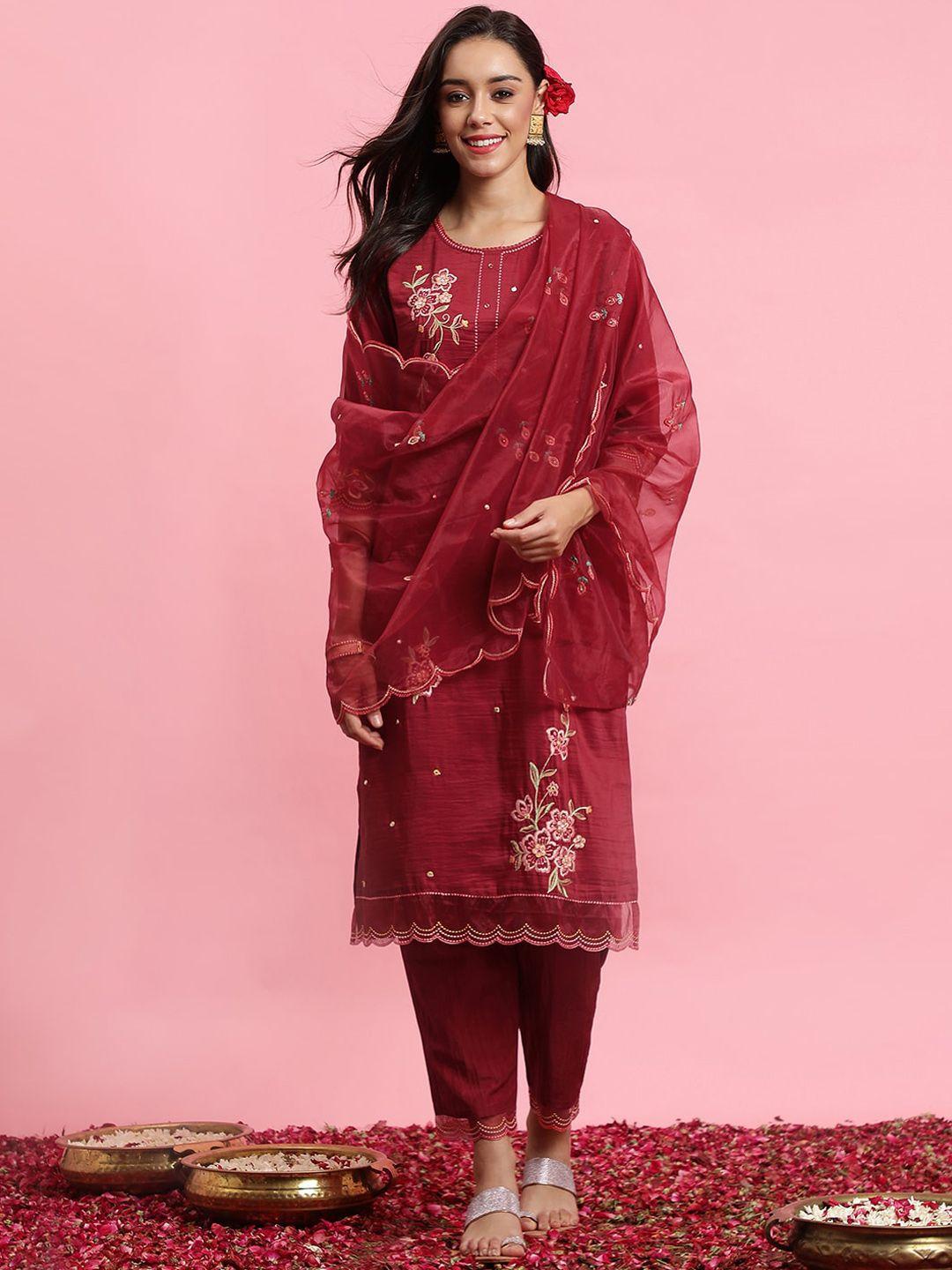 indo era floral embroidered regular kurta with trousers & with dupatta