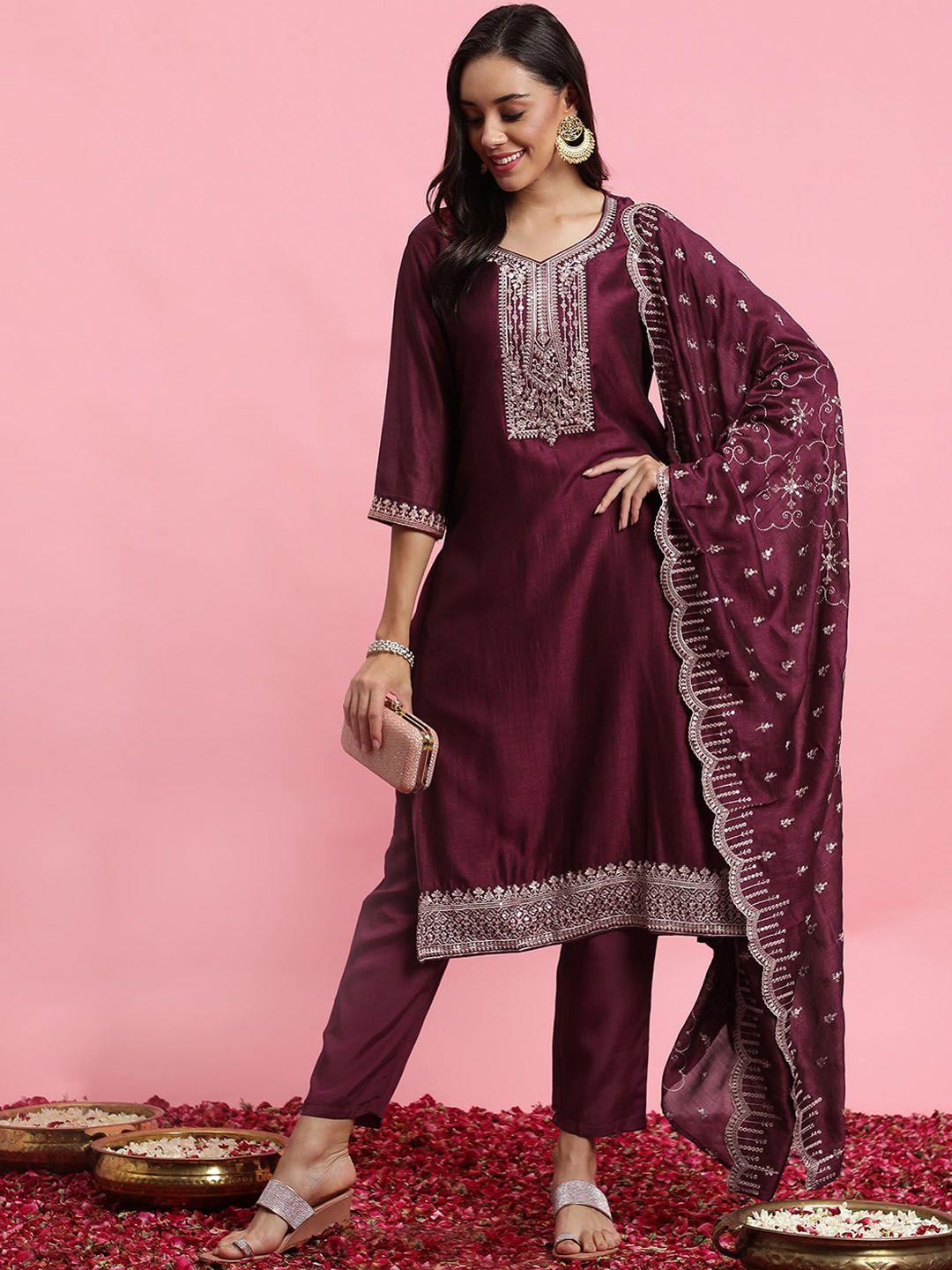 indo era floral embroidered regular thread work kurta with trousers & dupatta