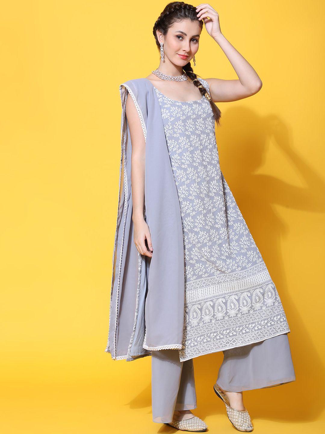 black scissor ethnic motifs embroidered straight thread work kurta & palazzos with dupatta