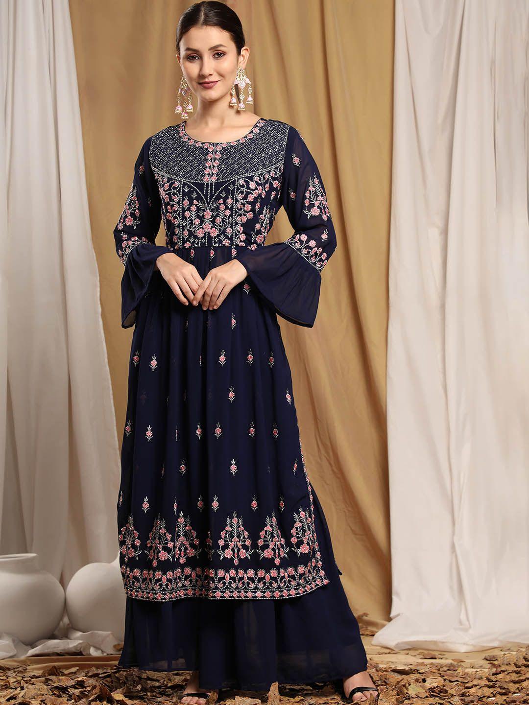 black scissor ethnic motifs embroidered straight thread work kurta & sharara