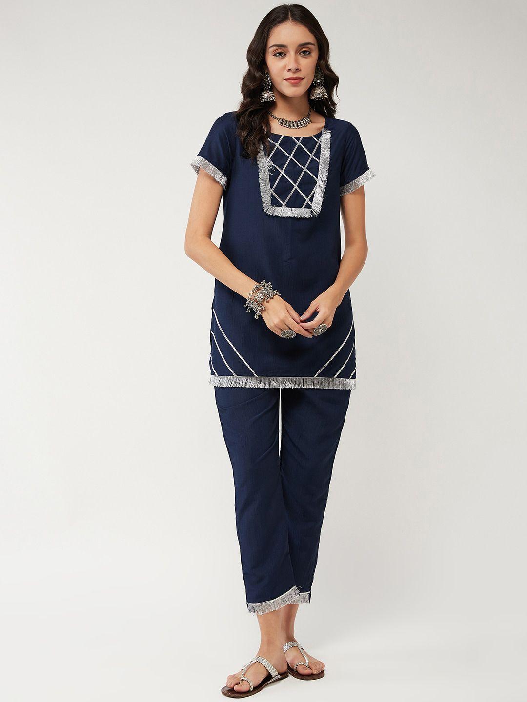 pannkh striped yoke design regular gotta patti kurti with trousers & dupatta