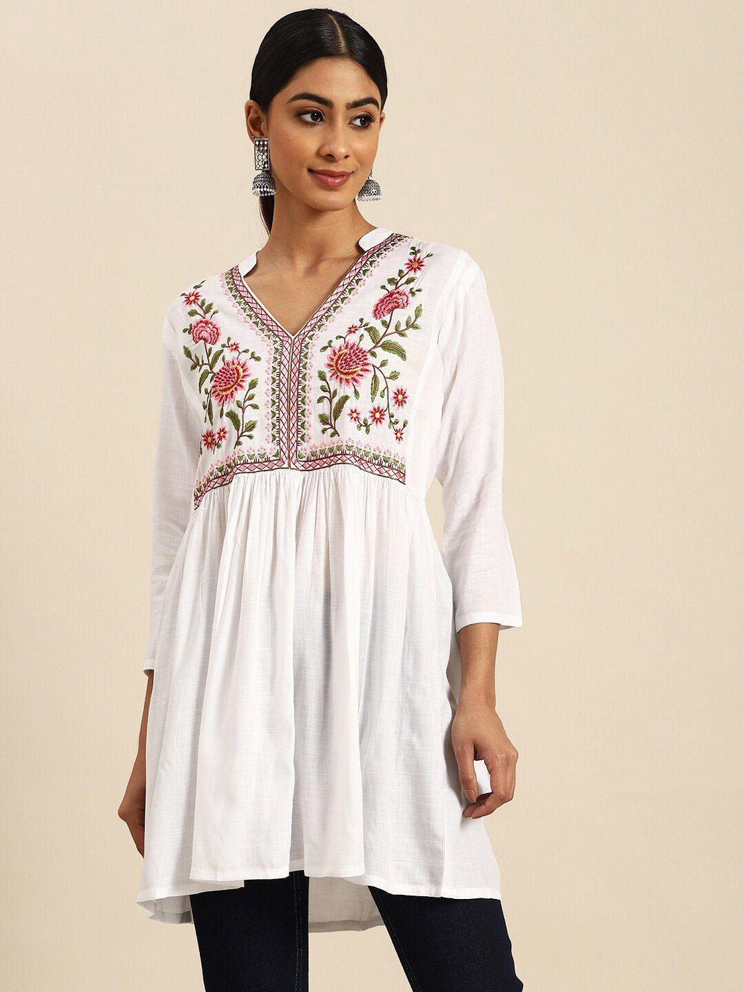 kalini floral embroidered v-neck thread work thread work pleated a-line kurti