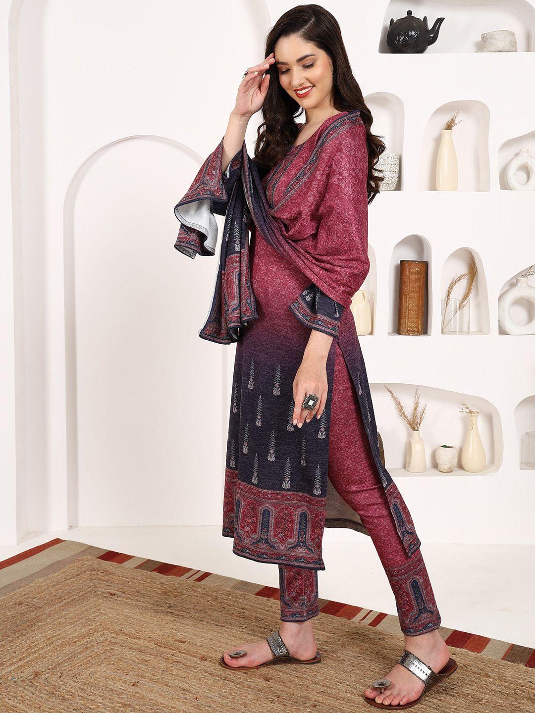 ziva fashion printed regular pure wool kurta & trousers with dupatta