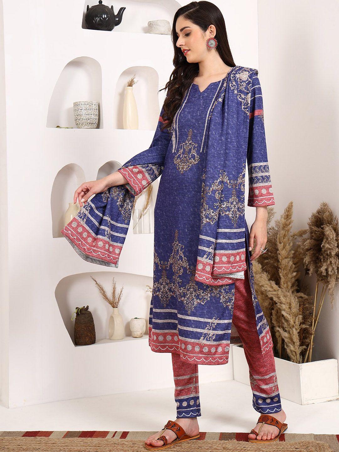 ziva fashion ethnic motifs printed regular pure wool kurta & trousers with dupatta