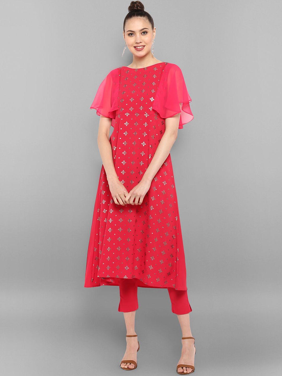 janasya magenta ethnic motifs printed flared sleeves a-line kurta with trousers