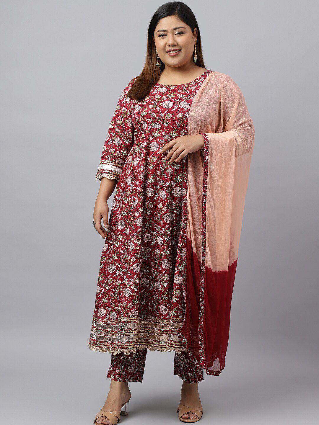 xl love by janasya plus size floral printed a-line kurta with trousers & dupatta