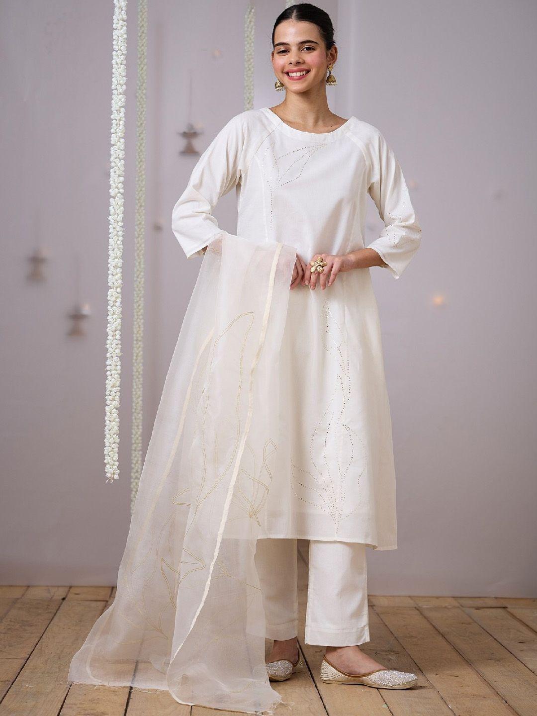 okhai floral embroidered mirror work a-line kurta with trousers & dupatta