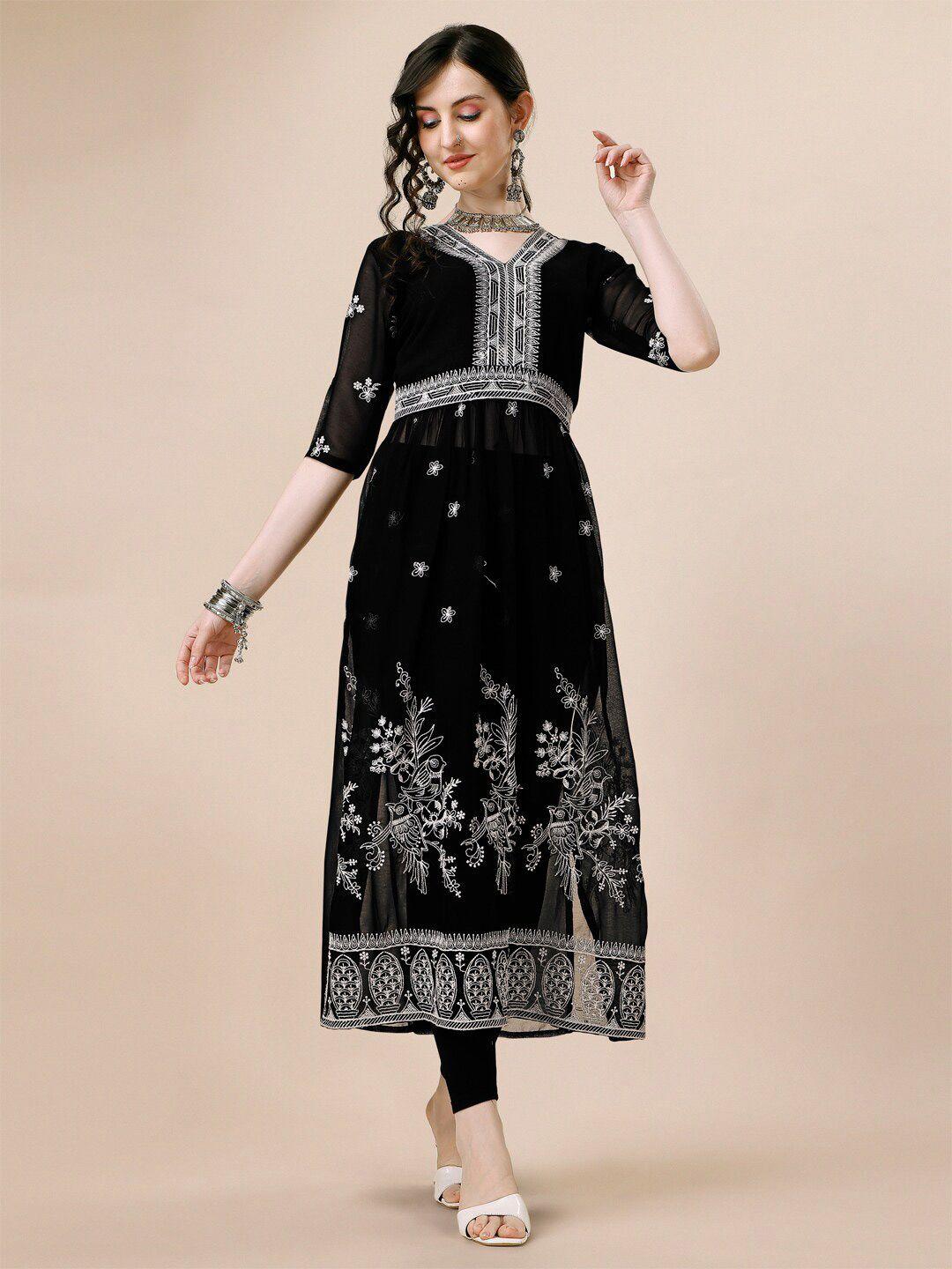 here&now  motifs embroidered chikankari georgette naira cut  kurta