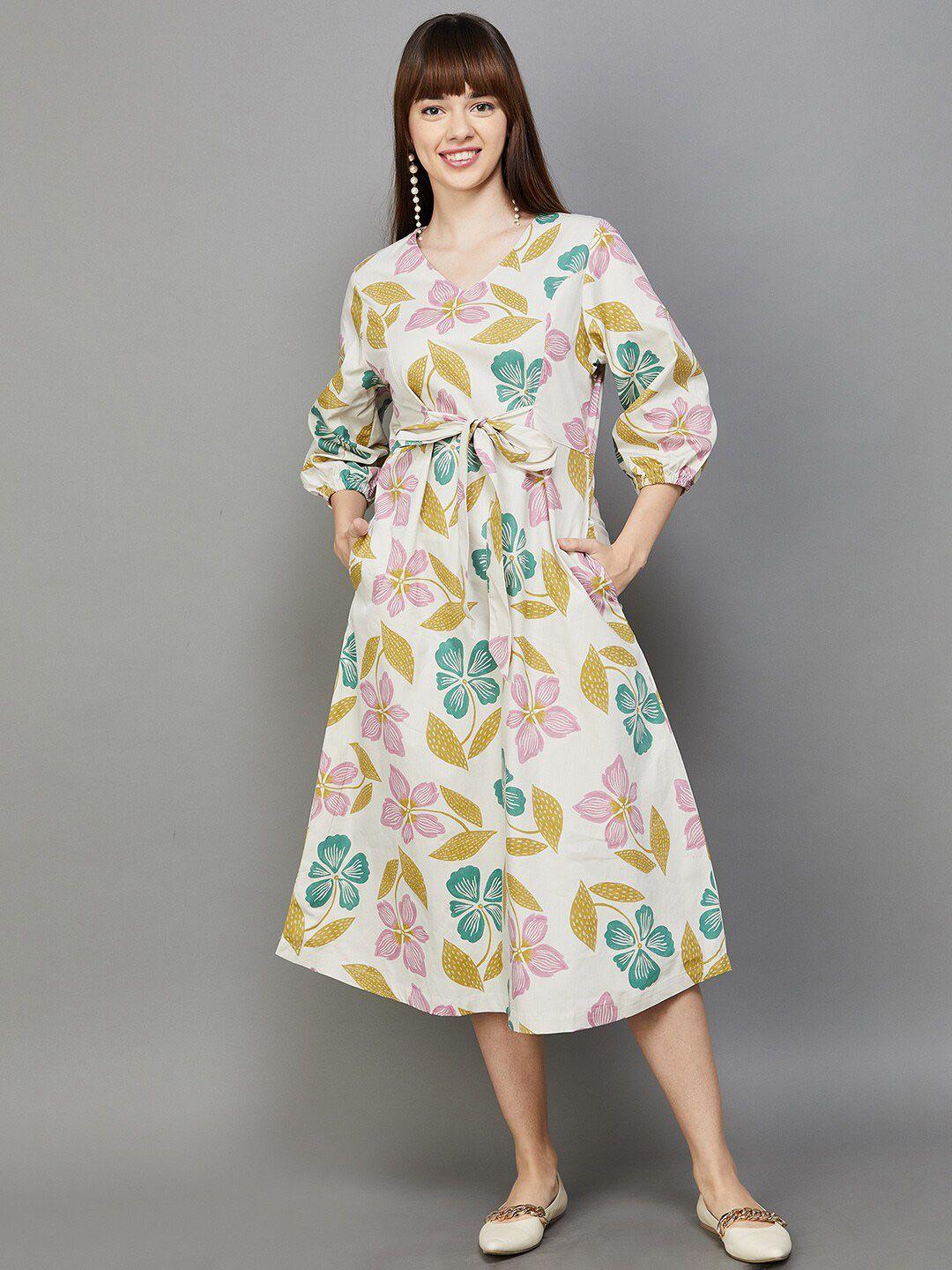 colour me by melange off white floral print puff sleeve fit & flare midi dress