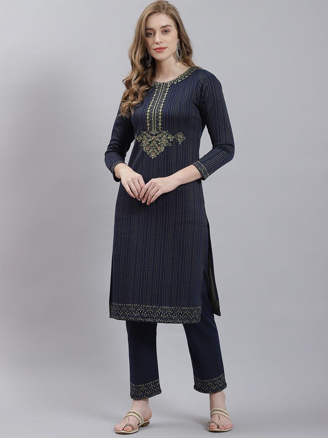 monte carlo ethnic motifs yoke design regular thread work kurta with trousers