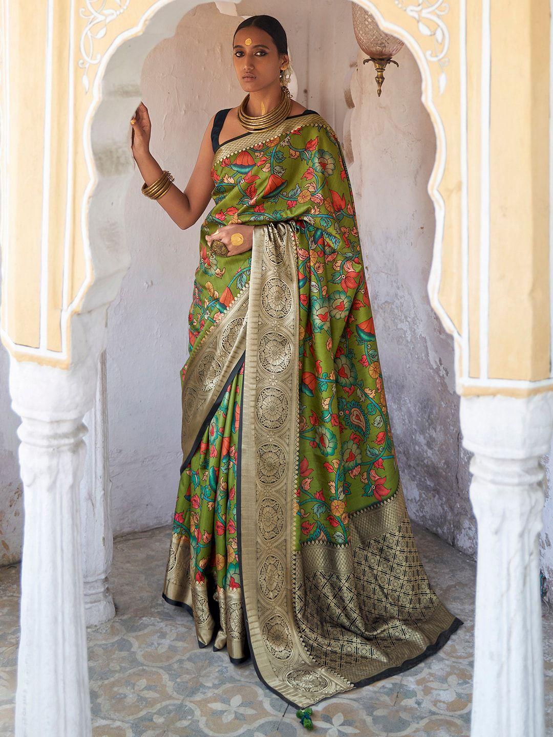 mitera green & red kalamkari zari silk blend sungudi saree