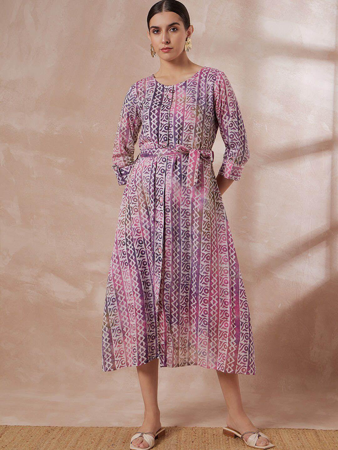 all about you purple ethnic motifs printed cotton a-line midi dress