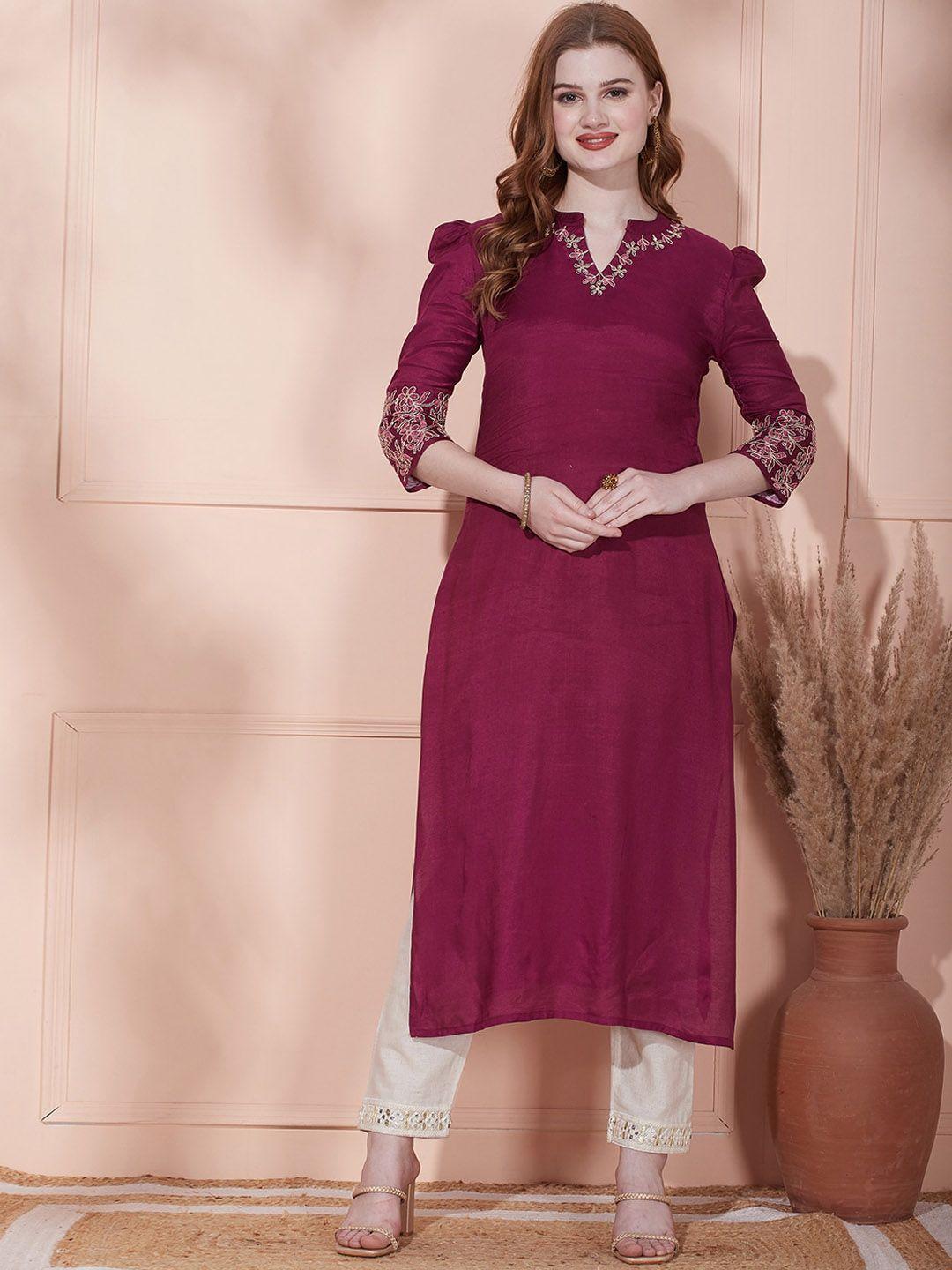 fashor purple mandarin collar puff sleeves thread work detailed straight kurta