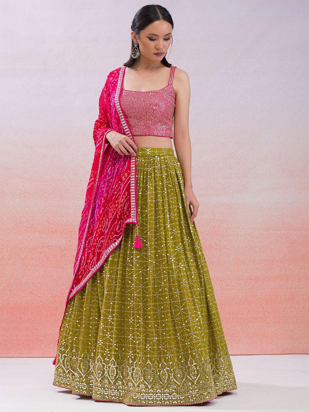 fabpixel green & pink embroidered sequinned semi-stitched lehenga & unstitched blouse with dupatta