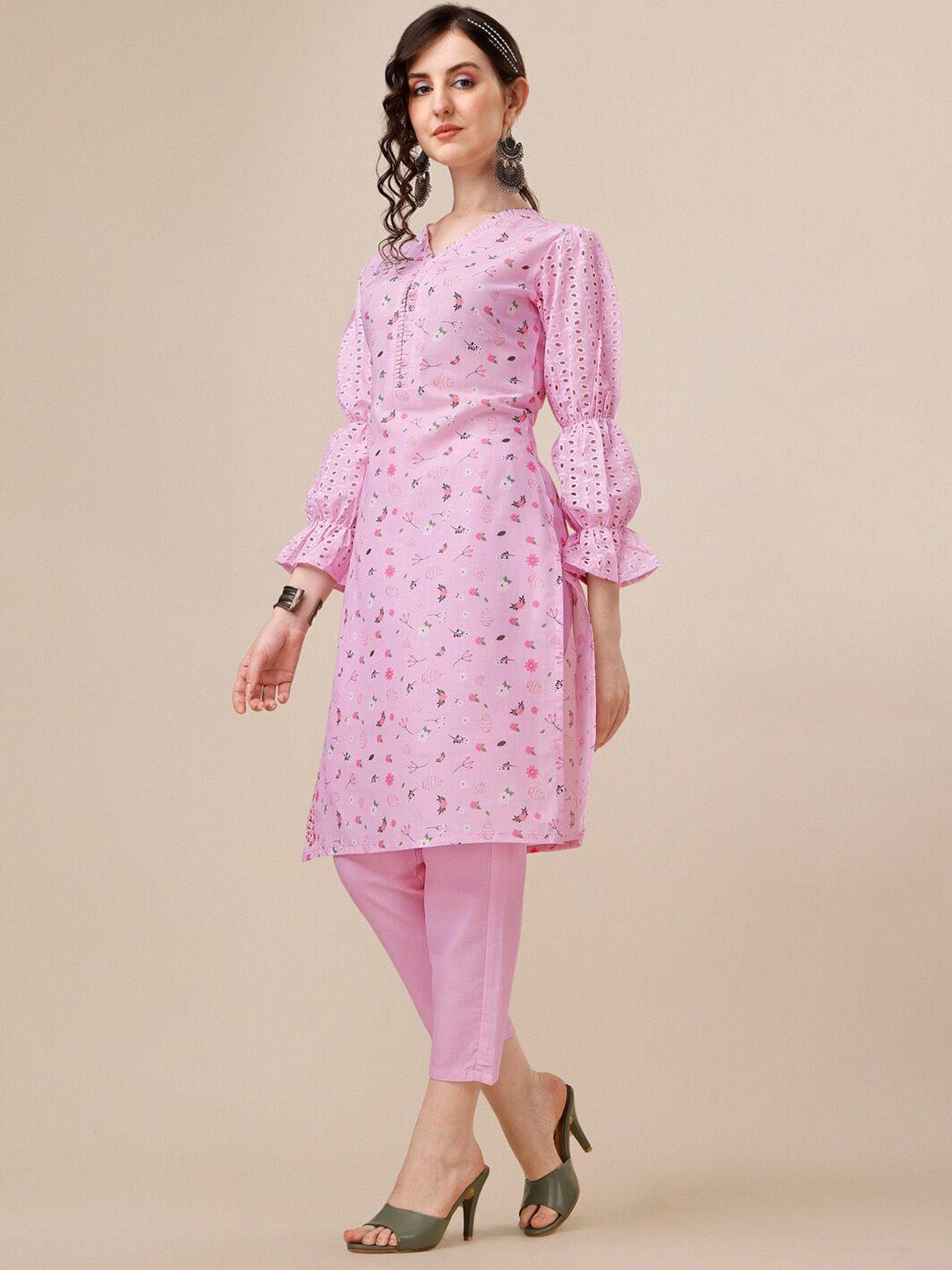 sangria floral printed cotton straight schiffli cotton kurta with trouser