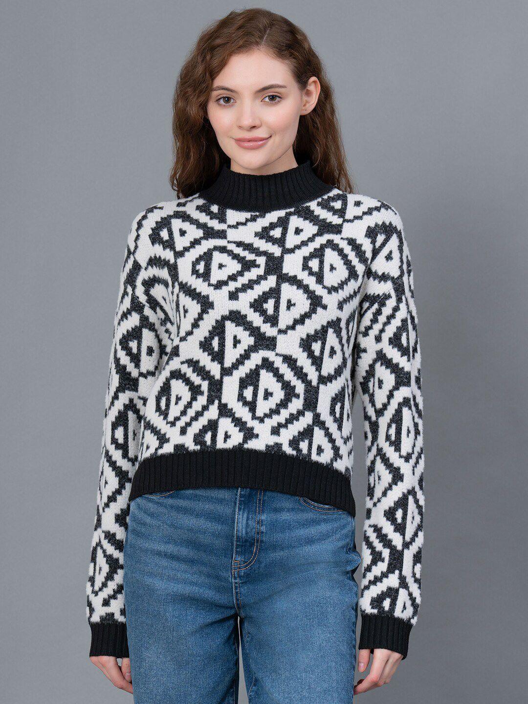 red tape geometric design sweater