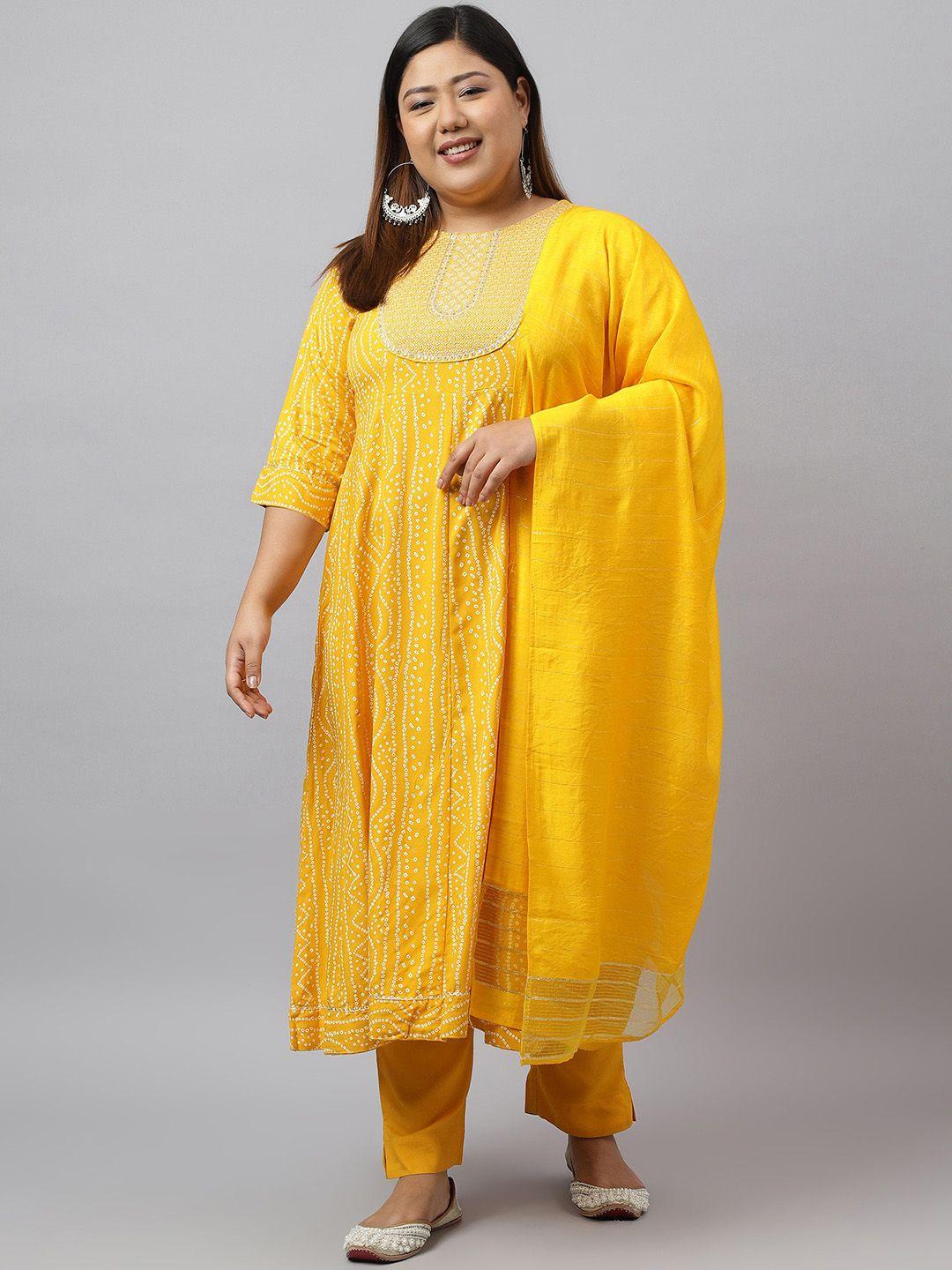 xl love by janasya plus size bandhani printed anarakli kurta & trouser with dupatta