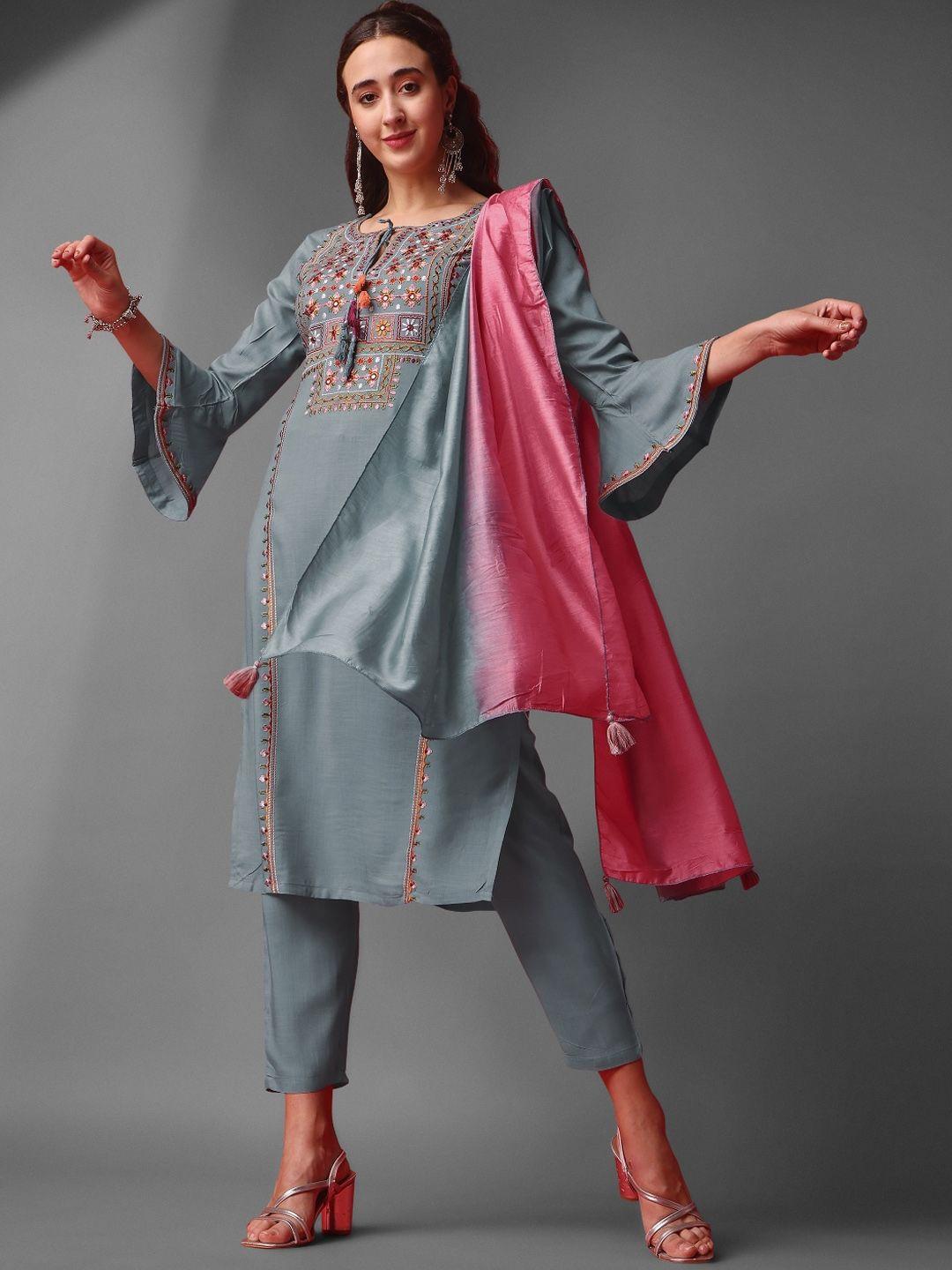 japnaam ethnic motifs yoke design regular thread work kurta with trousers & with dupatta