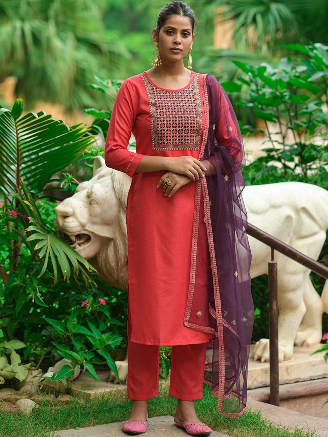 japnaam ethnic motifs yoke design regular thread work kurta with trousers & dupatta