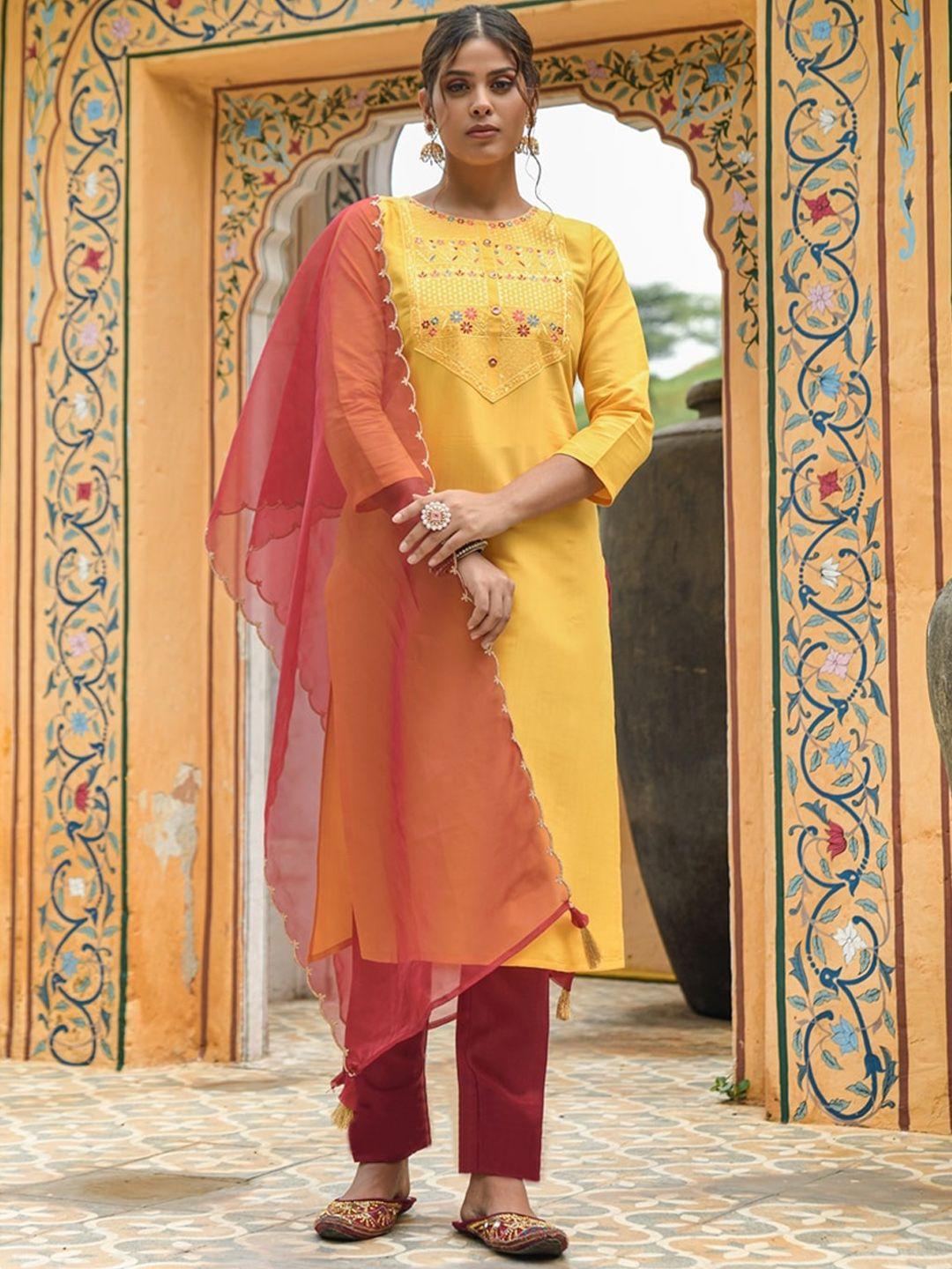 japnaam ethnic motifs yoke design thread work pure cotton kurta with trousers & dupatta