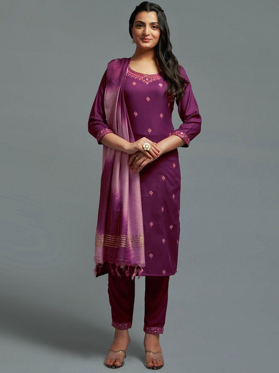 japnaam ethnic motifs embroidered thread work straight kurta & trousers with dupatta