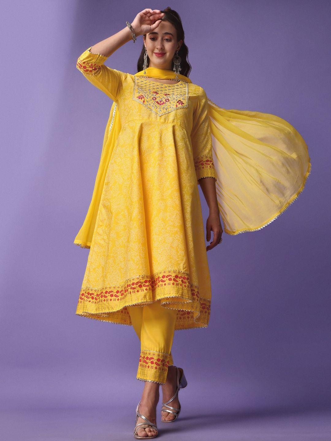 japnaam floral printed round neck thread work a-line kurta with trousers & dupatta