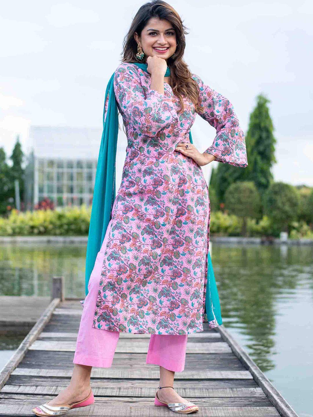 label shaurya sanadhya floral printed thread work pure cotton kurta with pyjamas & dupatta