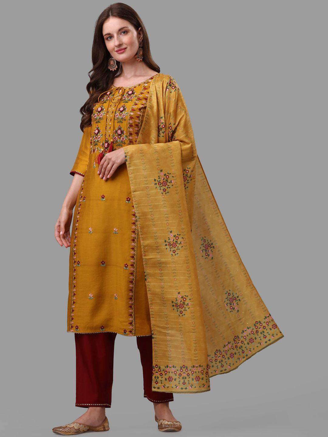 kalini floral embroidered regular straight kurta & trousers with dupatta